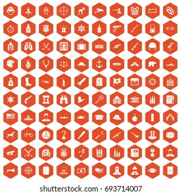 100 bullet icons set in orange hexagon isolated vector illustration