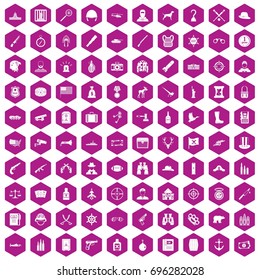 100 bullet icons set in violet hexagon isolated vector illustration