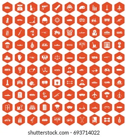 100 burden icons set in orange hexagon isolated vector illustration