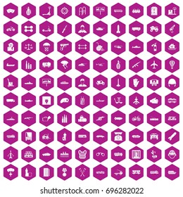 100 burden icons set in violet hexagon isolated vector illustration