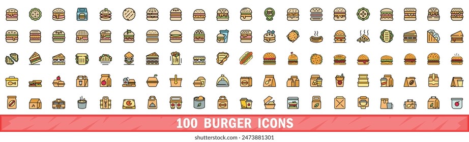 100 burger icons set. Color line set of burger vector icons thin line color flat on white