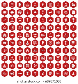 100 business career icons set in red hexagon isolated vector illustration