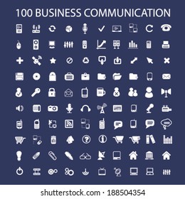 100 business communication, connection icons set, vector