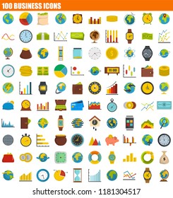 100 business icon set. Flat set of 100 business vector icons for web design