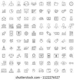 100 business icon set with modern and simple black thin line concept, use for ecommerce or startup business asset, infographic, pictogram, finance, education, technology, company, marketing,