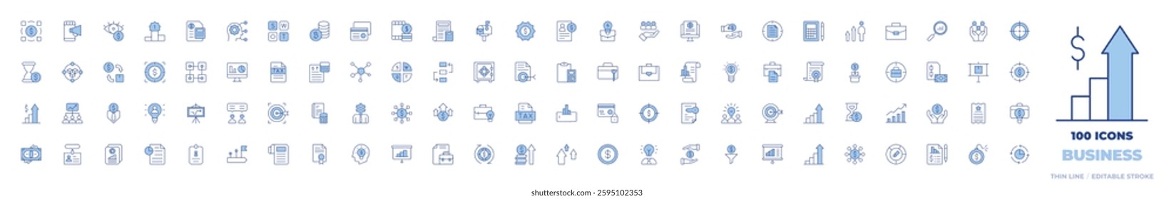 100 Business Icons Collection. Line Duotone style, editable stroke. strategy, profits, analytics, accounting, accountant, cryptocurrency, credit, contract, money, tax.