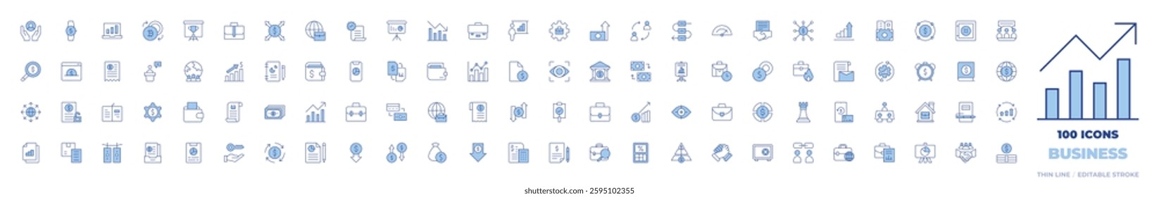 100 Business Icons Collection. Line Duotone style, editable stroke. care, wristwatch, bar chart, exchange, trophy, briefcase, worldwide, bill, business presentation.