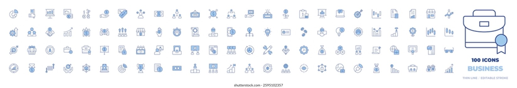 100 Business Icons Collection. Line Duotone style, editable stroke. career, dollar symbol, gold ingots, cash, business card, growth, people, project management, eye.