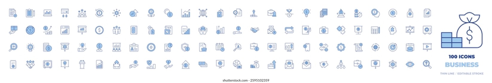 100 Business Icons Collection. Line Duotone style, editable stroke. international, idea, handshake, analysis, money, loan, laptop, key, job, investment, interest rate.