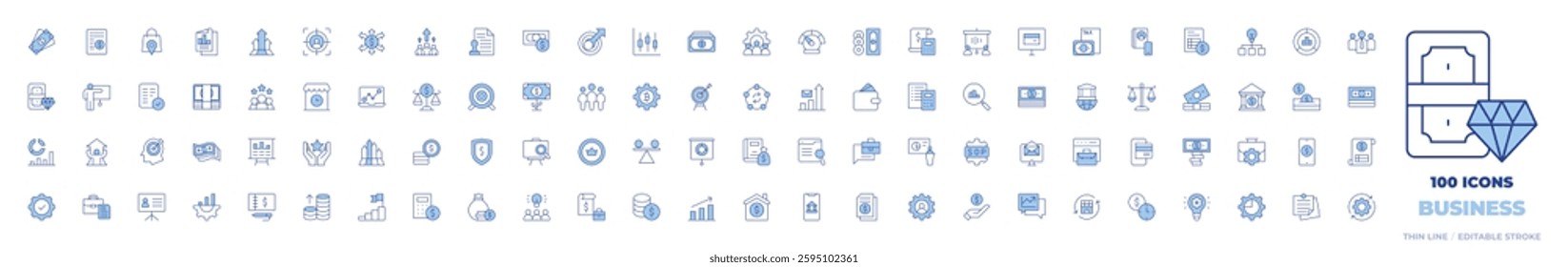 100 Business Icons Collection. Line Duotone style, editable stroke. development, growth, graphs, goal, file, idea, business, calculator, family, checkbook, pie chart, aim.