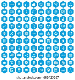 100 IT business icons set in blue hexagon isolated vector illustration