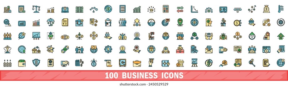 100 business icons set. Color line set of business vector icons thin line color flat on white