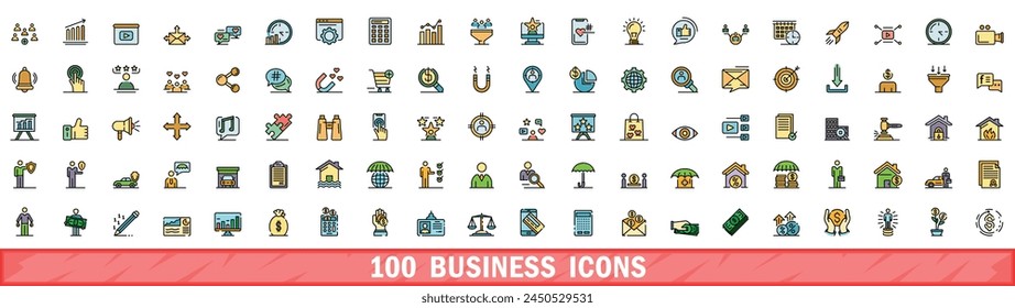 100 business icons set. Color line set of business vector icons thin line color flat on white