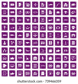 100 business icons set in grunge style purple color isolated on white background vector illustration