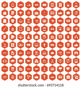 100 business icons set in orange hexagon isolated vector illustration