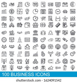 100 business icons set. Outline illustration of 100 business icons vector set isolated on white background