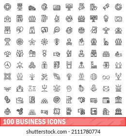 100 iconos de negocios. Ilustración de esquema de 100 iconos de negocios conjunto de vectores aislado en fondo blanco