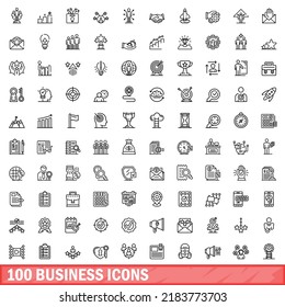 100 iconos de negocios. Ilustración de esquema de 100 iconos de negocios conjunto de vectores aislado en fondo blanco