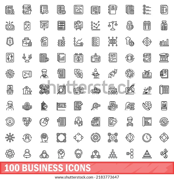 100 business\
icons set. Outline illustration of 100 business icons vector set\
isolated on white\
background