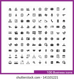 100 business icons set. Vector black picrograms for finance statistics, shopping, management, office, internet, web, computer and mobile apps: bank, money, graph, people, box, hand, diagram elements.