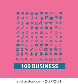 100 business icons, signs, silhouettes set, vector