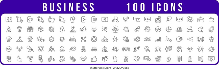 100 business line icon collection. Income, smartphone, wallet, payment, network, target, medal, sale etc. Editable stroke