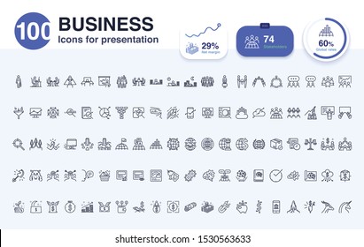 100 Business line icon for presentation. Included icons as Businessman, graph, staff, finance, economy, graph and more.