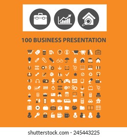 100 business presentation icons, signs, vector illustrations