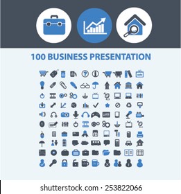 100 business, presentation, office, work, marketing, management isolated flat icons, signs, symbols illustrations, images, silhouettes on background, vector