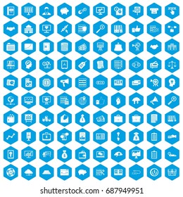 100 business process icons set in blue hexagon isolated vector illustration