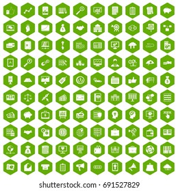100 business process icons set in green hexagon isolated vector illustration