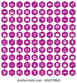 100 business process icons set in violet hexagon isolated vector illustration