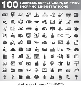 100 business, supply chain, shipping, shopping and industry icons