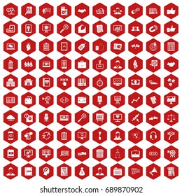 100 business training icons set in red hexagon isolated vector illustration