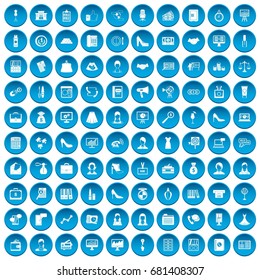 100 business woman icons set in blue circle isolated on white vector illustration