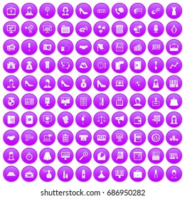 100 business woman icons set in purple circle isolated on white vector illustration