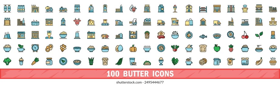 Conjunto de 100 iconos de mantequilla. Línea de color conjunto de iconos de vector de mantequilla línea fina de color plana en blanco