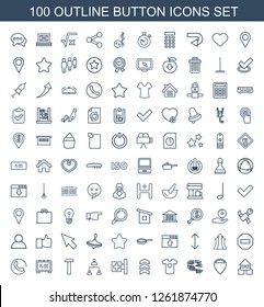 100 button icons. Trendy button icons white background. Included outline icons such as house building, location, pizza, t shirt with heart, rank. button icon for web and mobile.