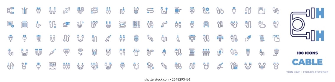 100 Cable Icons Collection. Bold line style. Duotone colors. audio jack, cable reel, cables, broken cable, cable, antenna, rca.