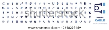 100 Cable Icons Collection. Bold style. Duotone colors. audio jack, cables, auxiliary cable, usb cable, usb, cable, antenna, rca.