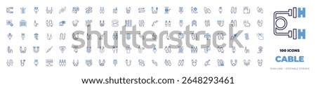 100 Cable Icons Collection. Bold line style. Duotone colors. audio jack, cable reel, cables, broken cable, cable, antenna, rca.