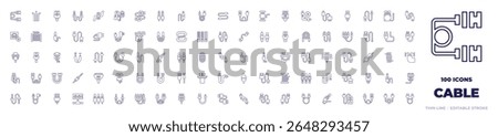 100 Cable Icons Collection. Line style. Editable stroke. audio jack, cable reel, cables, auxiliary cable, usb, cable, antenna, rca.