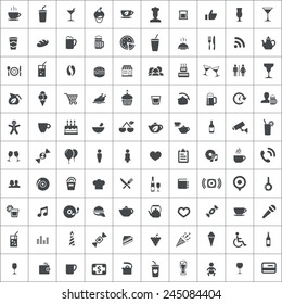 100 cafe icons, black on square white background 