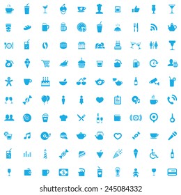 100 cafe icons, blue on white background 