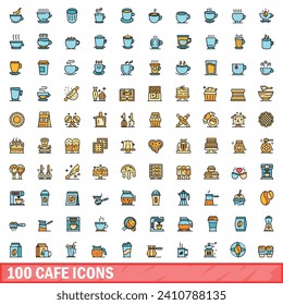 100 cafe icons set. Color line set of cafe vector icons thin line color flat on white