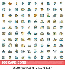 100 cafe icons set. Color line set of cafe vector icons thin line color flat on white