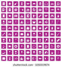 100 cafe icons set in grunge style pink color isolated on white background vector illustration