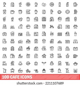 100 cafe icons set. Outline illustration of 100 cafe icons vector set isolated on white background