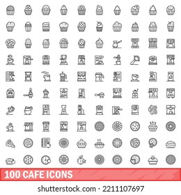 100 cafe icons set. Outline illustration of 100 cafe icons vector set isolated on white background