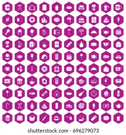 100 cafe icons set in violet hexagon isolated vector illustration